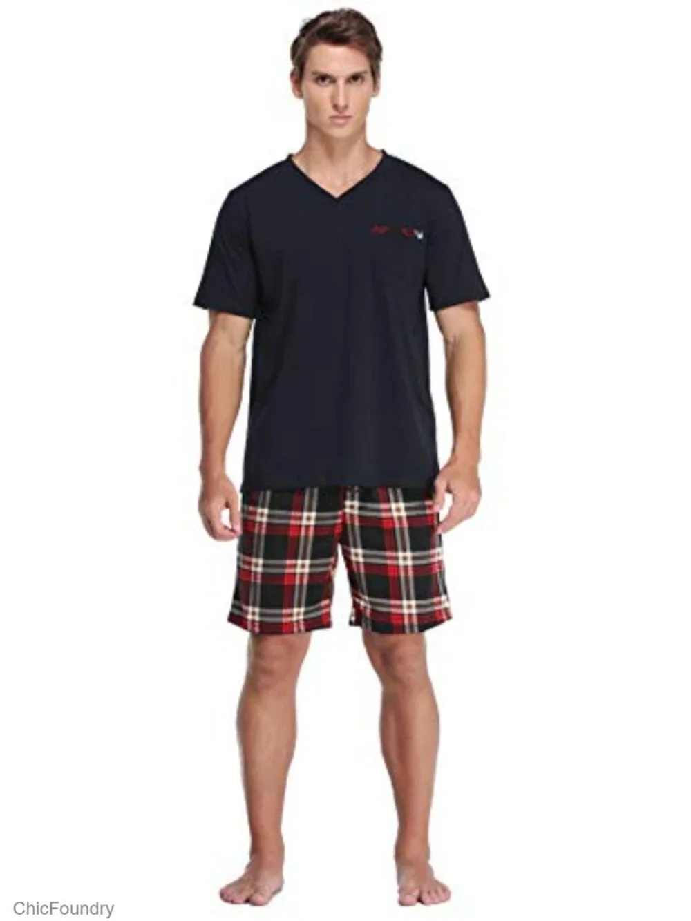 Men's Soft Cotton Pajama Set, 2 Piece Short Sleeve Sleepwear with Pockets